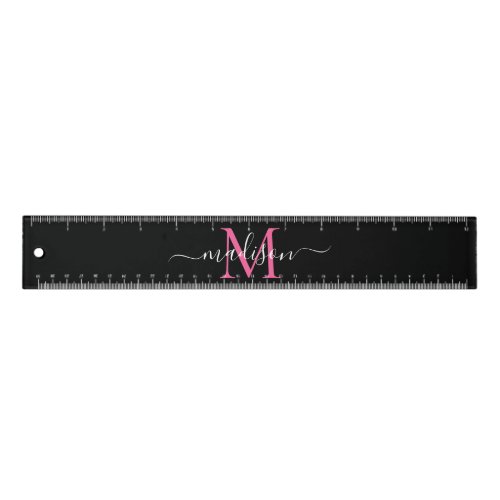 Black Magenta Pink Monogram Elegant Script Name Ruler