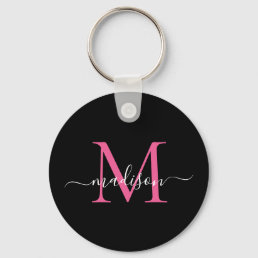 Black Magenta Pink Monogram Name Elegant Script Keychain