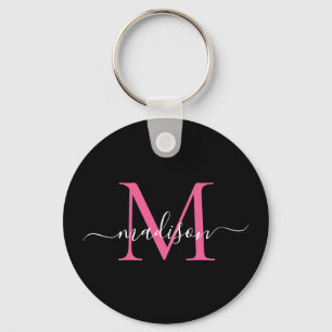Black Magenta Pink Monogram Name Elegant Script Keychain