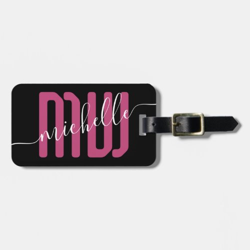 Black Magenta Pink Monogram Script Name Luggage Tag