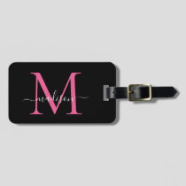Black Magenta Pink Monogram Script Name Stylish Luggage Tag