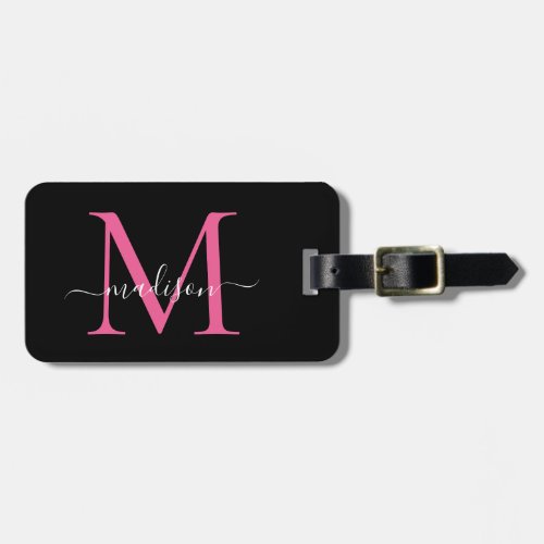 Black Magenta Pink Monogram Script Name Stylish Luggage Tag