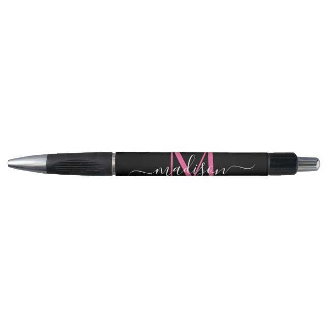 Black Magenta Pink Monogram Script Name Stylish Pen (Front)