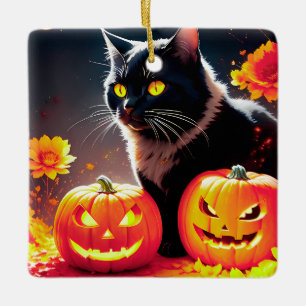 Black Magic Cat with Pumpkins Ceramic Ornament