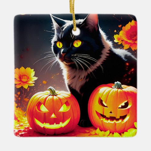 Black Magic Cat with Pumpkins Ceramic Ornament