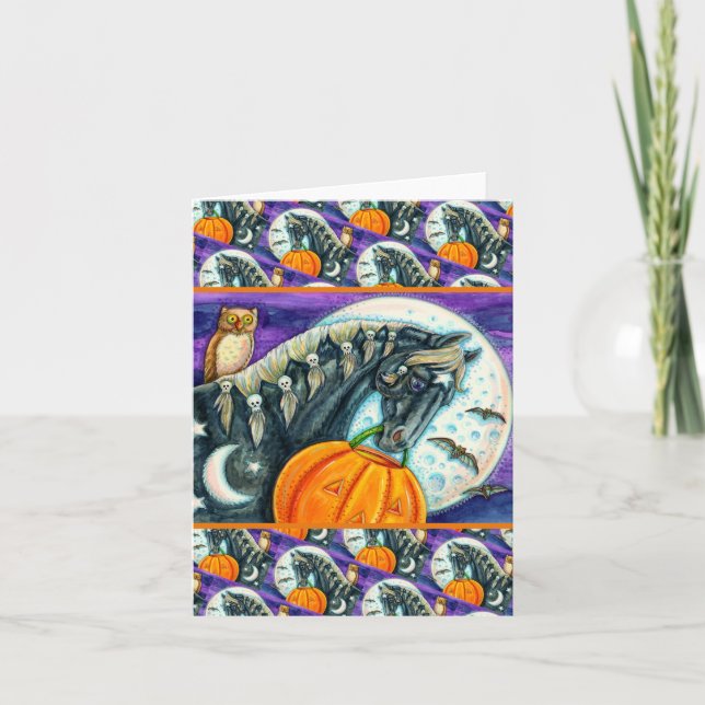 BLACK MAGIC HORSE, OWL, JACK O LANTERN & SKULLS HOLIDAY CARD (Front)