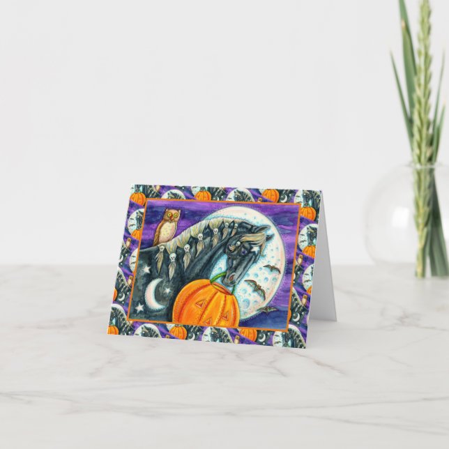 BLACK MAGIC HORSE, OWL, JACK O LANTERN & SKULLS  HOLIDAY CARD (Front)