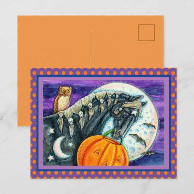 BLACK MAGIC HORSE, OWL, JACK O LANTERN & SKULLS HOLIDAY POSTCARD (Front/Back)