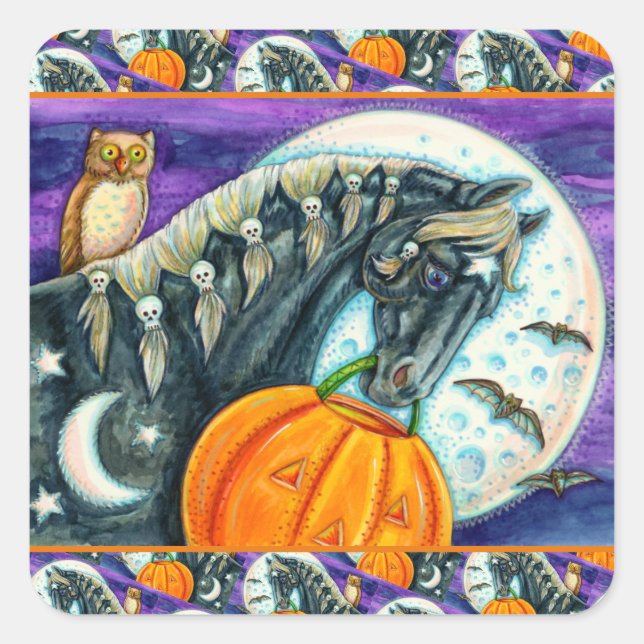 BLACK MAGIC HORSE, OWL, JACK O LANTERN & SKULLS SQUARE STICKER (Front)