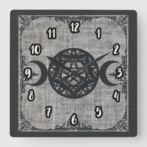 Black Magic Triple Moon Pentagram Vintage Wiccan Square Wall Clock