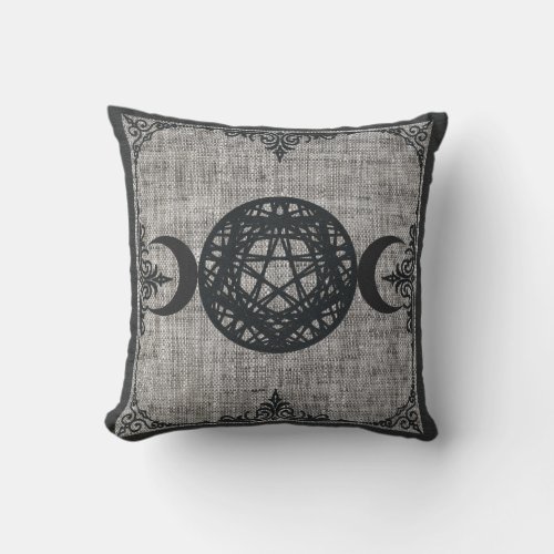 Black Magic Triple Moon Pentagram Vintage Wiccan Throw Pillow