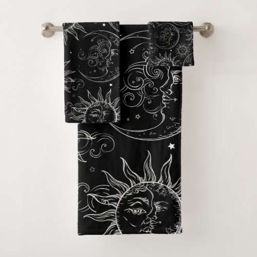 Black Magic Vintage Celestial Sun Moon Stars Bath Towel Set