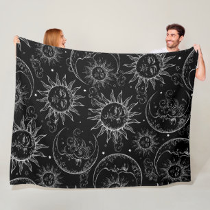 Black Magic Vintage Celestial Sun Moon Stars Fleece Blanket