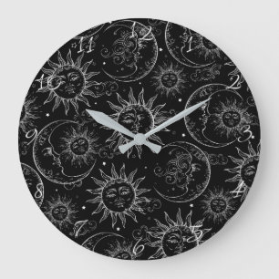 Black Magic Vintage Celestial Sun Moon Stars Large Clock