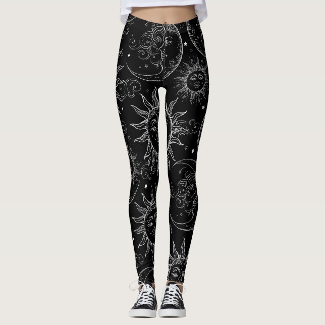 Black Magic Vintage Celestial Sun Moon Stars Leggings (Front)