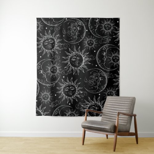 Black Magic Vintage Celestial Sun Moon Stars Tapestry