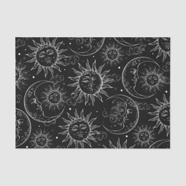 Black Magic Vintage Celestial Sun Moon Stars Tissue Paper (Front)