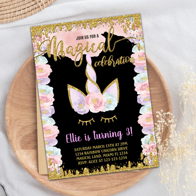Black Magical Glitter Unicorn Birthday Invitations Zazzle Black Magical Glitter Unicorn Birthday Invitations Zazzle