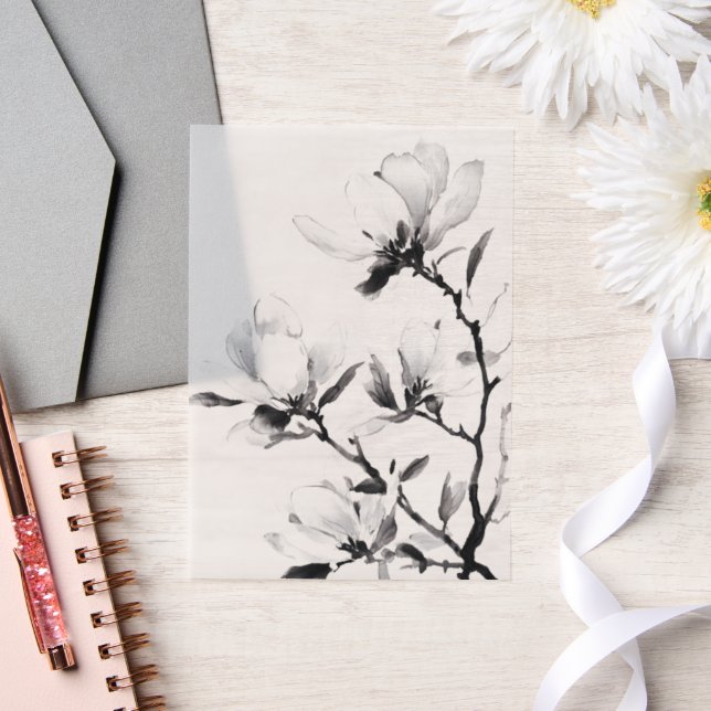 Black Magnolia Modern Botanical Ink Wedding Vellum Invitations (Wedding)