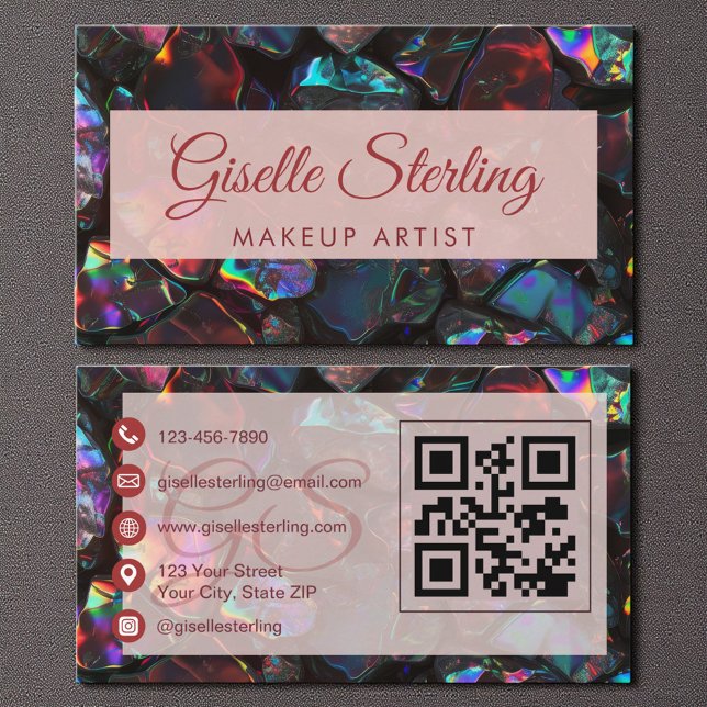  Black Makeup Artist Opal Gemstone QR Code Business Card (Creator Uploaded)