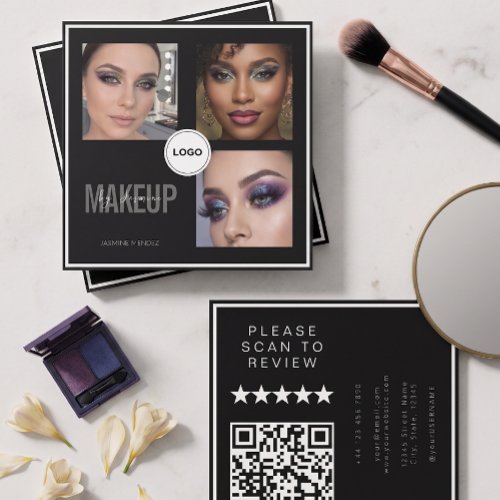 Black Makeup Artist Photo Collage QR Code & Review Square Business Card