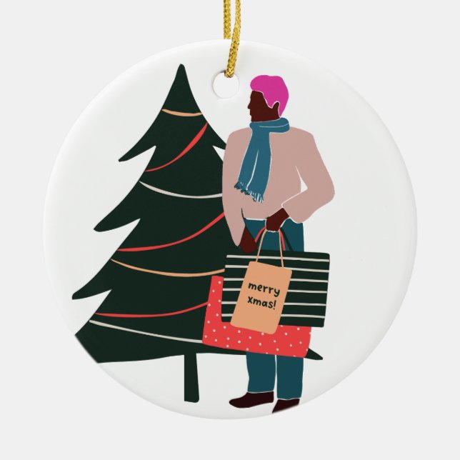 Black Man Pink Hair Christmas Ceramic Ornament (Front)