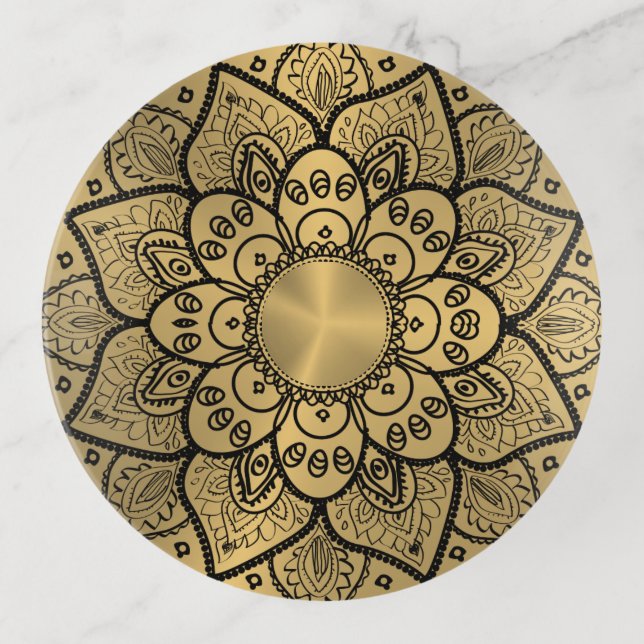 Black Mandala Gold background Trinket Tray (Front)