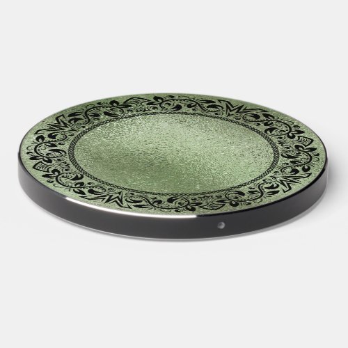 Black Mandala Olive Green Iridescent Texture Wireless Charger