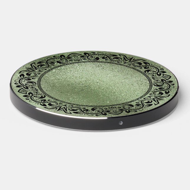Black Mandala Olive Green Iridescent Texture Wireless Charger (Front 2)