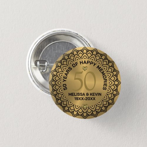 Black mandala on gold 50th wedding Anniversary Button