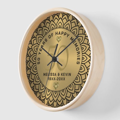 Black mandala on gold 50th wedding Anniversary Clock