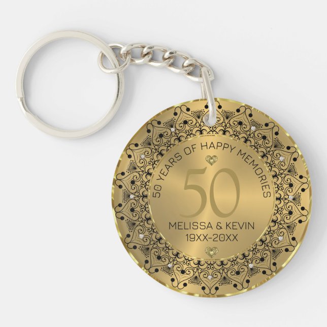 Black Mandala On Gold 50th Wedding Anniversary Keychain (Front)