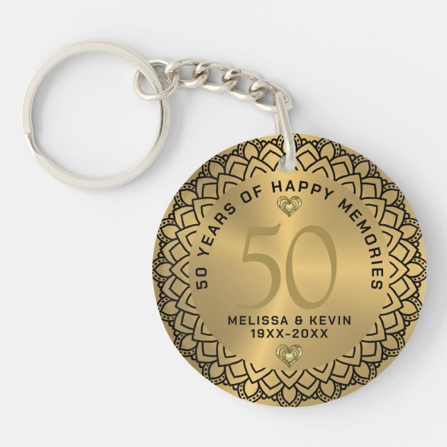 Black mandala on gold 50th wedding Anniversary Keychain (Front)