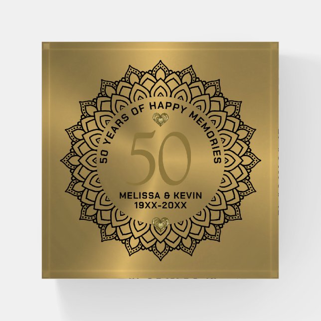 Black Mandala on gold 50th Wedding Anniversary Paperweight (Front)