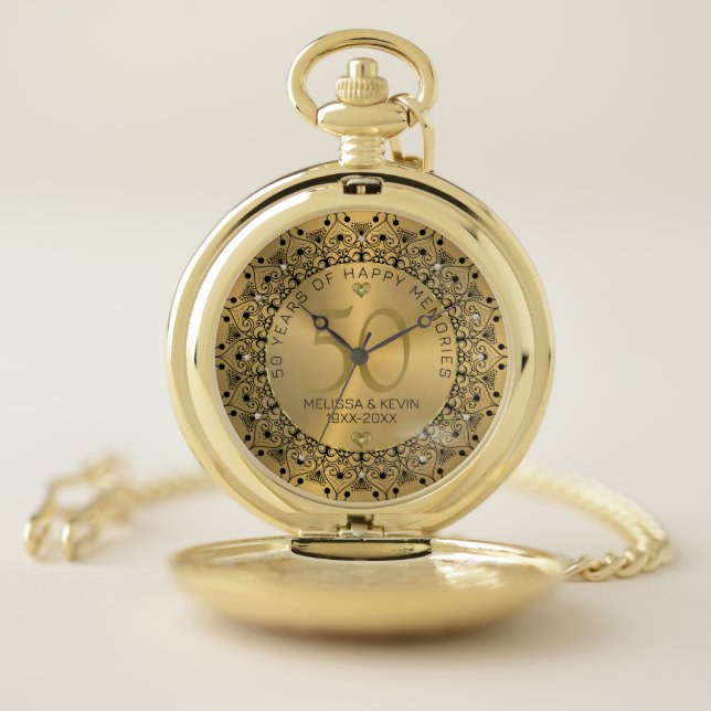 Black Mandala On Gold 50th Wedding Anniversary Pocket Watch (Inside)
