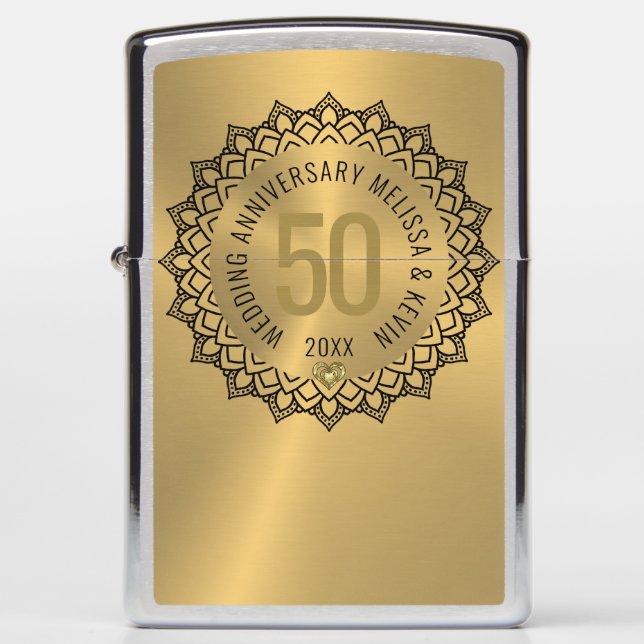 Black Mandala on gold 50th Wedding Anniversary Zippo Lighter (Front)