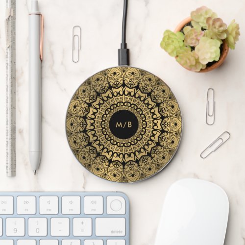 Black mandala on gold monogram wireless charger 