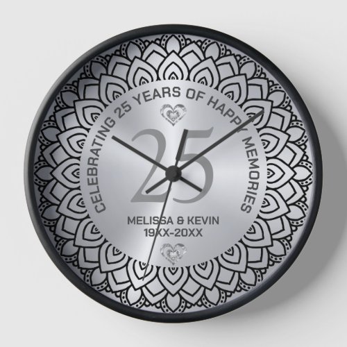 Black Mandala on Silver 25th Wedding Anniversary Clock