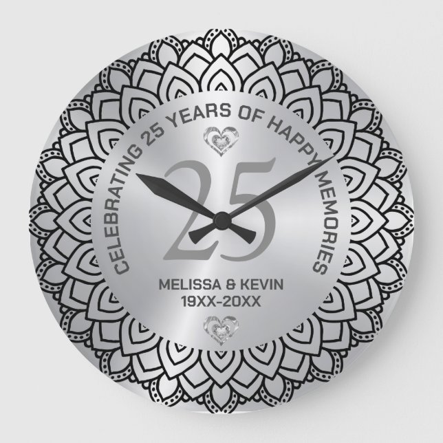 Black Mandala on Silver 25th Wedding Anniversary Large Clock (Front)