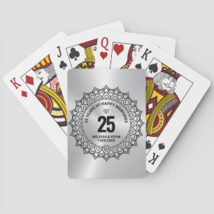 Black Mandala on Silver 25th Wedding Anniversary Poker Cards