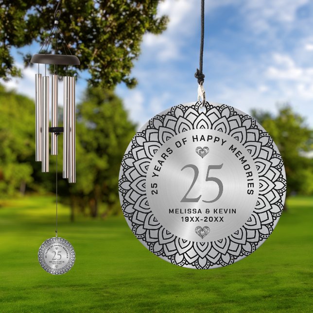 Black mandala on silver 50th wedding anniversary wind chime  (Outdoor)