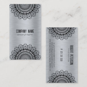 Black Mandala On Silver Metallic Texture Image Business Card