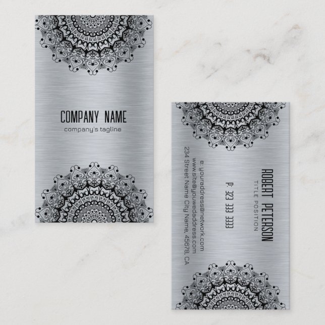 Black Mandala On Silver Metallic Texture Image Business Card (Front/Back)
