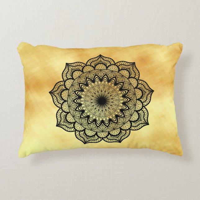 Black mandala on soft gold background accent pillow (Front)