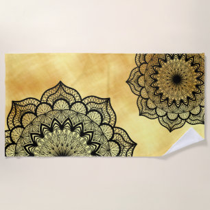 Black Mandala on Soft Gold Background Beach Towel