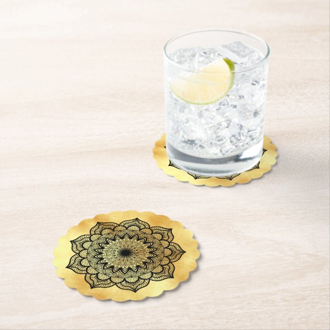 Black Mandala on Soft Gold Background coasters (Insitu)