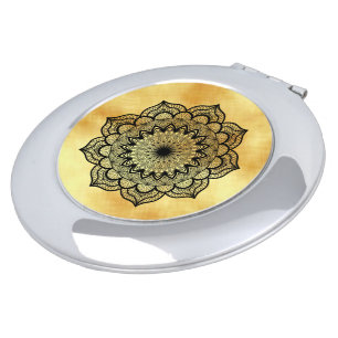 Black Mandala on Soft Gold Background Compact Mirror