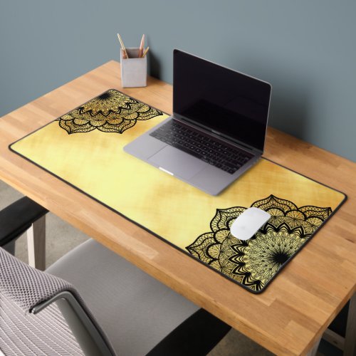 Black Mandala on Soft Gold Background Desk Mat