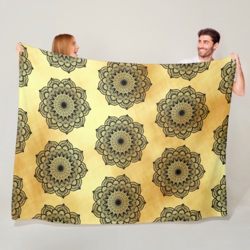 Black Mandala on Soft Gold Background Fleece Blanket