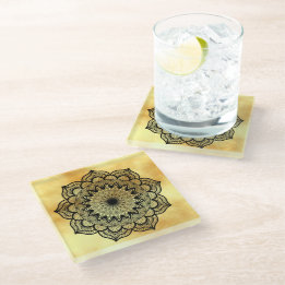 Black Mandala on Soft Gold Background Glass Coaster